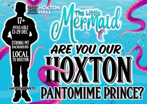Text against a blue background of the sea with purple tentacles poking in at the side. The headline read 'The Little Mermaid. Are you our Hoxton Pantomime Prince?' On the left of the text is a silhouette of a person with text reading: 17+, Stong MT background, local to Hoxton #HoxtonPanto